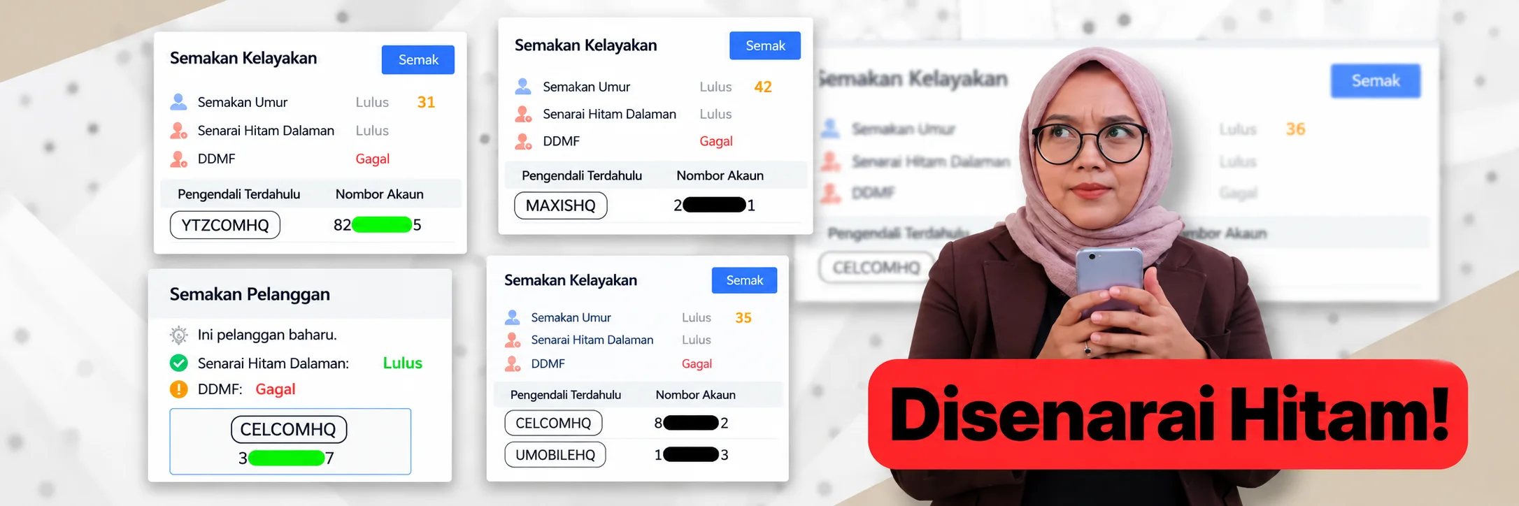 Skrin semakan kelayakan telco dan pelanggan Malaysia yang disenaraikan hitam