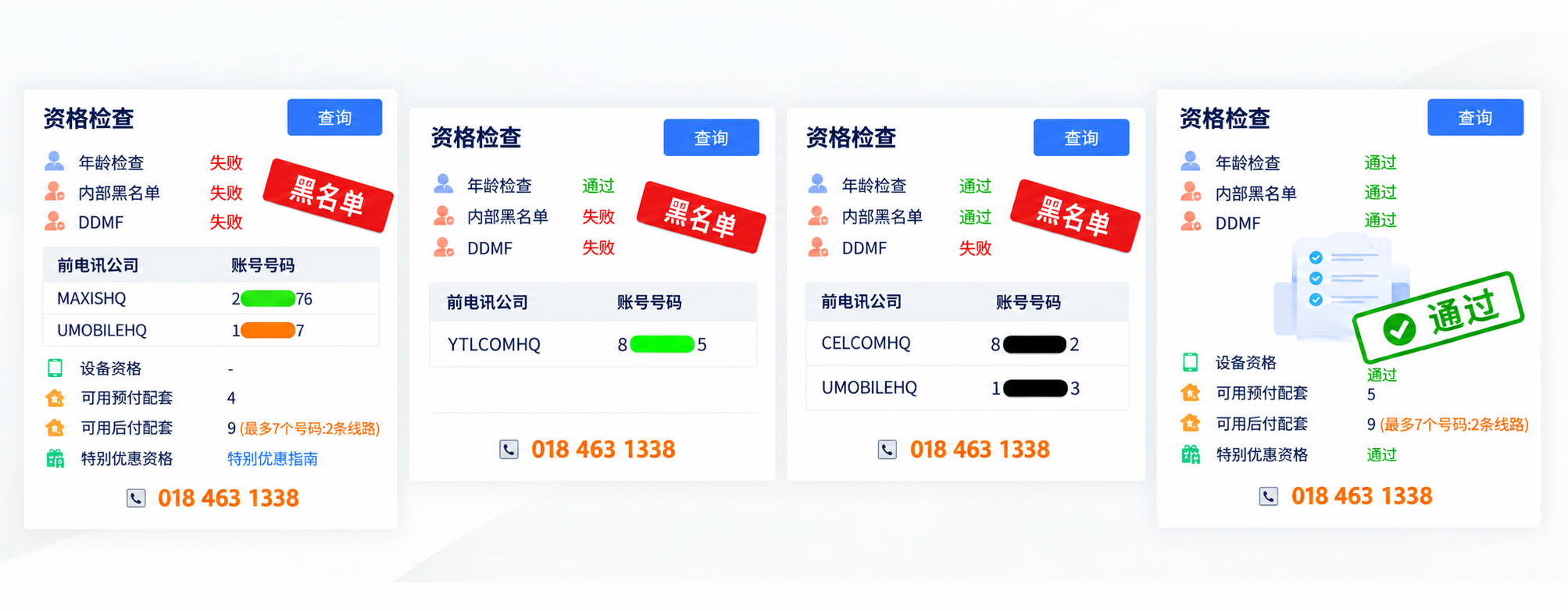 四个电信资格审核结果示例，包括黑名单与通过结果
