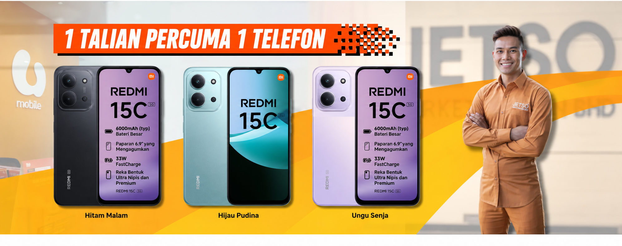 1 Talian Percuma 1 Telefon: Xiaomi Redmi 15C 5G