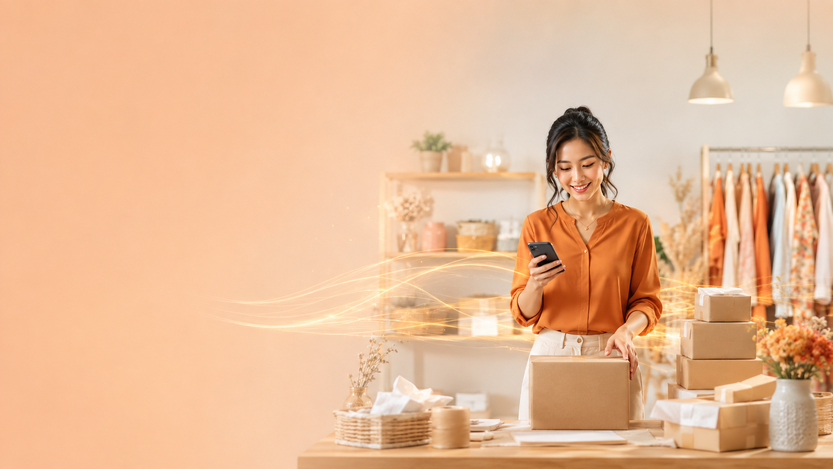 Small-business owner using her phone while preparing customer parcels