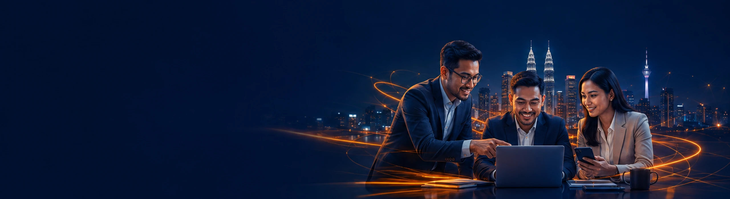 Malaysian business professionals moving through a connected Kuala Lumpur terminal