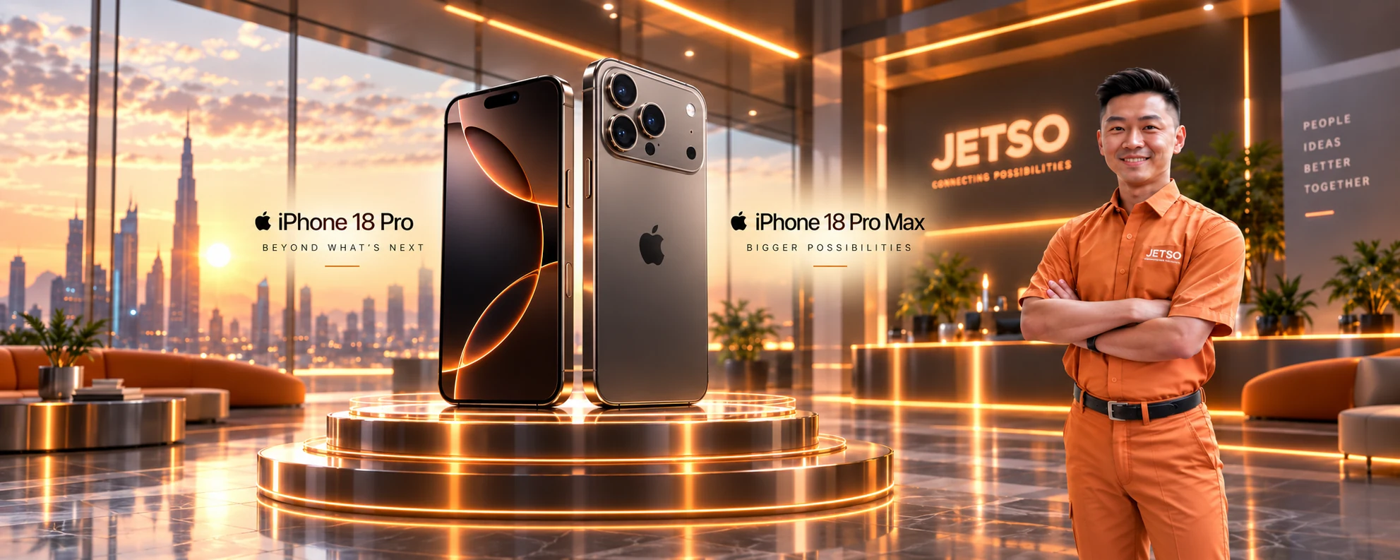 iPhone 18 Pro and iPhone 18 Pro Max displayed in a JETSO showroom with a JETSO business consultant