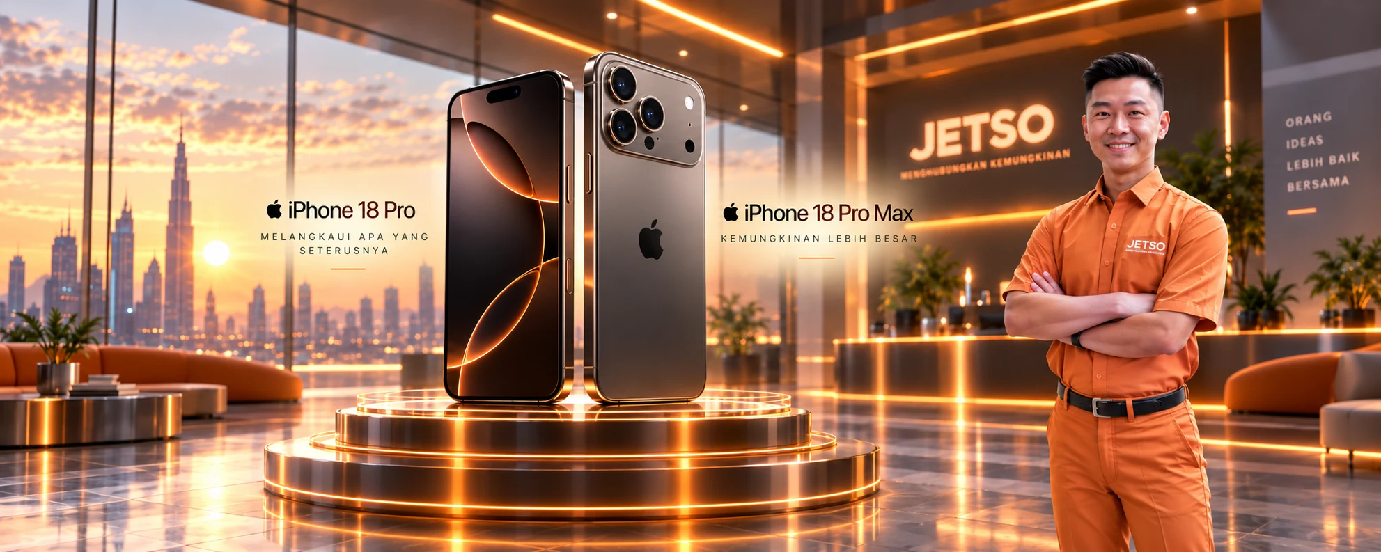 iPhone 18 Pro dan iPhone 18 Pro Max dipamerkan di bilik pameran JETSO bersama perunding perniagaan JETSO
