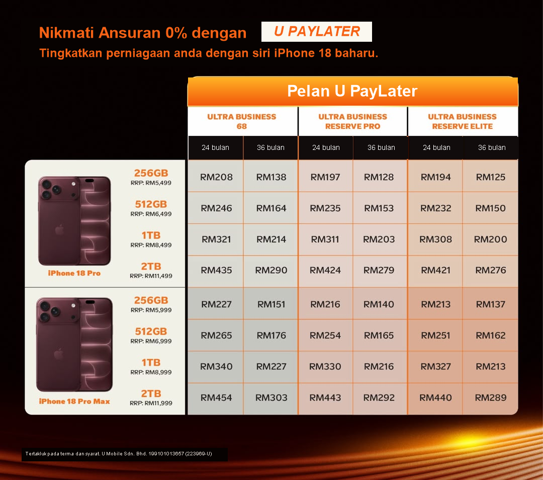 Ansuran bulanan U PayLater untuk iPhone 18 Pro dan iPhone 18 Pro Max bagi pelan Ultra Business 68, Reserve Pro dan Reserve Elite