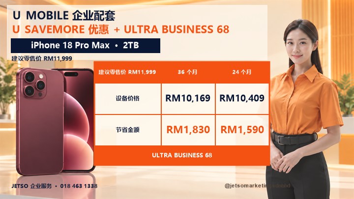 iPhone 18 Pro Max 2TB 的 U SaveMore 企业配套海报，Ultra Business 68，36 个月 RM10,169，24 个月 RM10,409