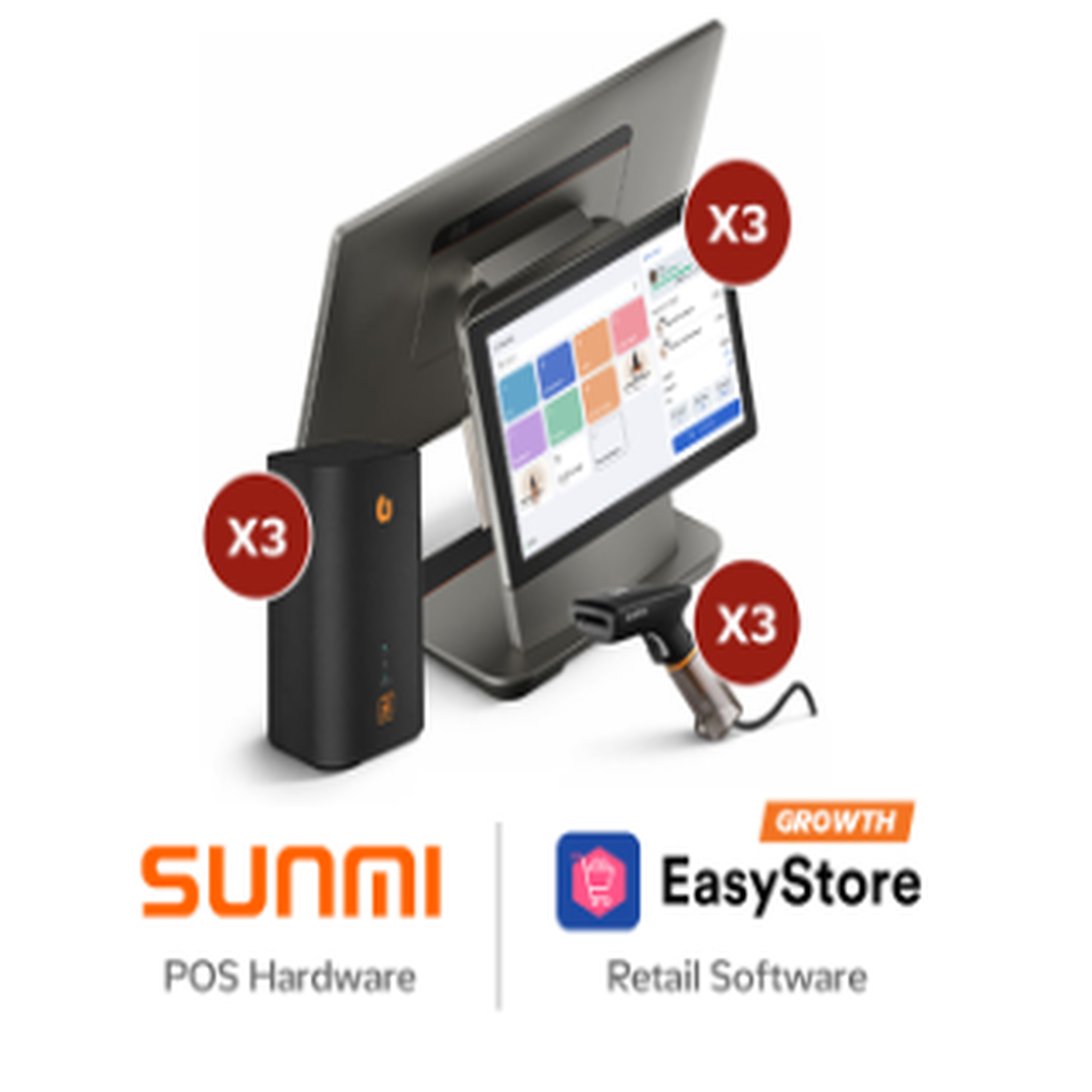 3x SUNMI D3 Skrin Dwi dengan EasyStore Growth Elite